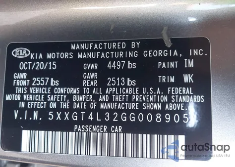 2016 Kia Optima Lx from USA, damaged, VIN 5XXGT4L32GG008905